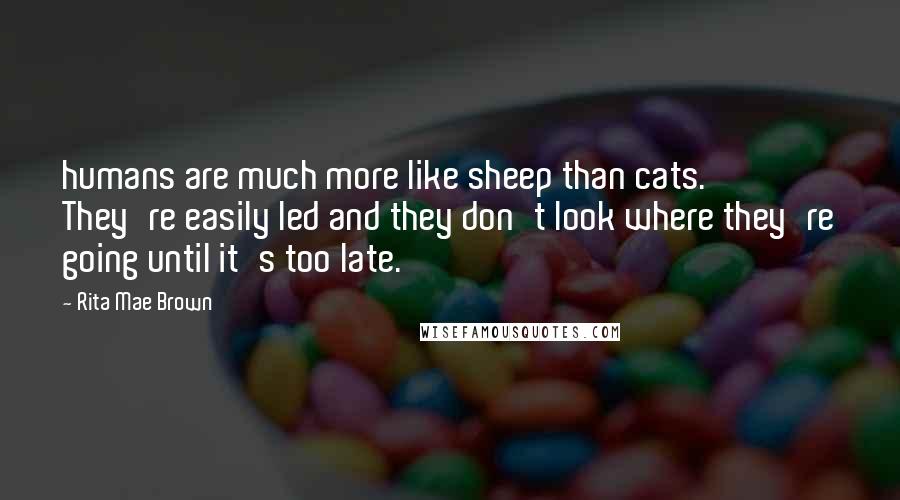 Rita Mae Brown Quotes: humans are much more like sheep than cats. They're easily led and they don't look where they're going until it's too late.