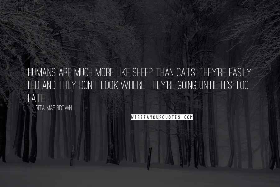 Rita Mae Brown Quotes: humans are much more like sheep than cats. They're easily led and they don't look where they're going until it's too late.