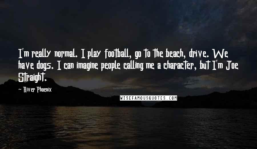 River Phoenix Quotes: I'm really normal. I play football, go to the beach, drive. We have dogs. I can imagine people calling me a character, but I'm Joe Straight.