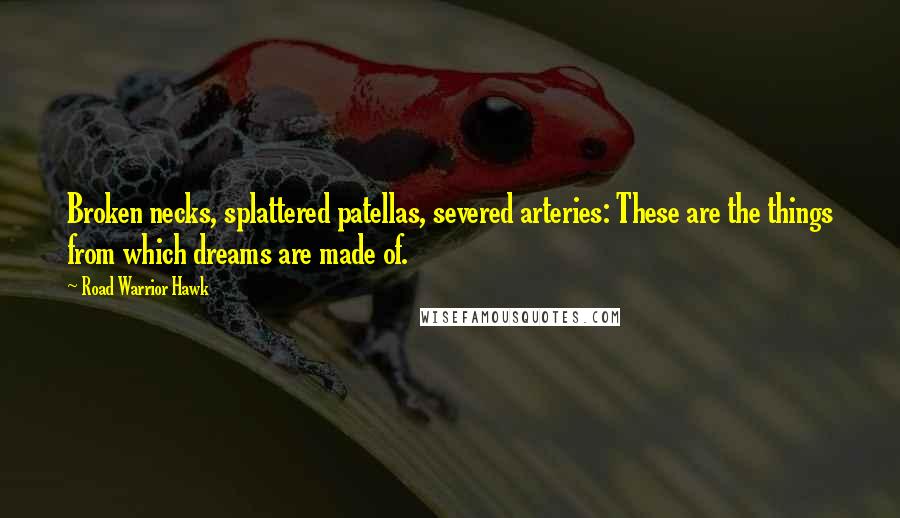 Road Warrior Hawk Quotes: Broken necks, splattered patellas, severed arteries: These are the things from which dreams are made of.