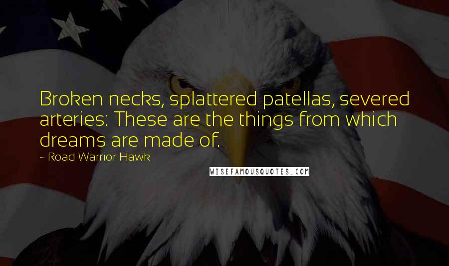 Road Warrior Hawk Quotes: Broken necks, splattered patellas, severed arteries: These are the things from which dreams are made of.