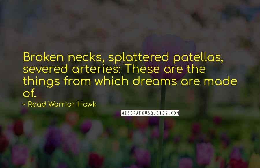 Road Warrior Hawk Quotes: Broken necks, splattered patellas, severed arteries: These are the things from which dreams are made of.