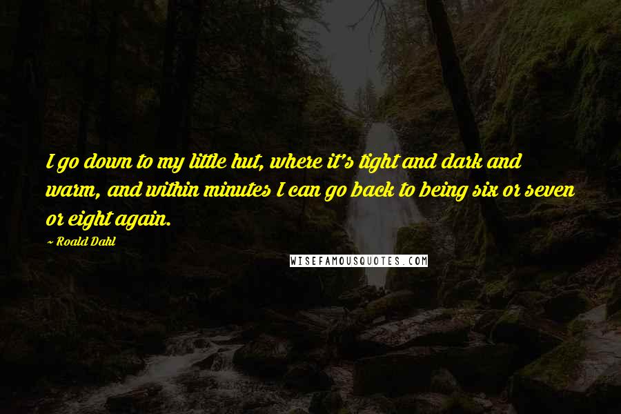 Roald Dahl Quotes: I go down to my little hut, where it's tight and dark and warm, and within minutes I can go back to being six or seven or eight again.