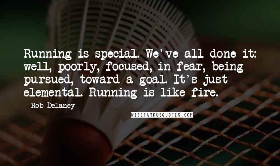 Rob Delaney Quotes: Running is special. We've all done it: well, poorly, focused, in fear, being pursued, toward a goal. It's just elemental. Running is like fire.