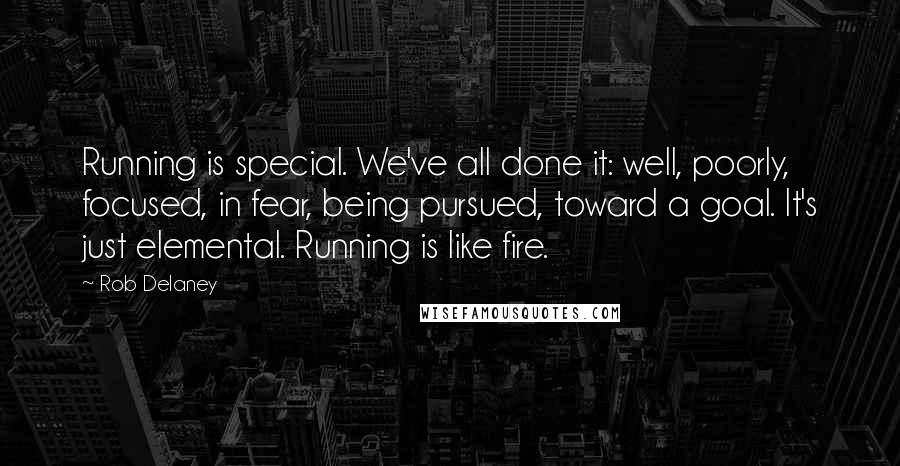 Rob Delaney Quotes: Running is special. We've all done it: well, poorly, focused, in fear, being pursued, toward a goal. It's just elemental. Running is like fire.