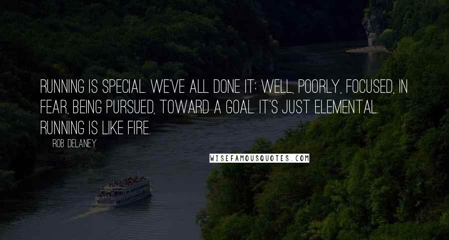Rob Delaney Quotes: Running is special. We've all done it: well, poorly, focused, in fear, being pursued, toward a goal. It's just elemental. Running is like fire.