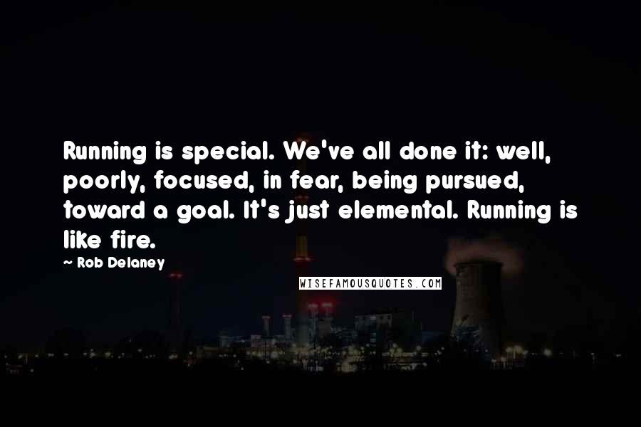 Rob Delaney Quotes: Running is special. We've all done it: well, poorly, focused, in fear, being pursued, toward a goal. It's just elemental. Running is like fire.