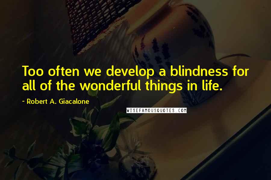 Robert A. Giacalone Quotes: Too often we develop a blindness for all of the wonderful things in life.