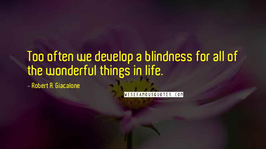 Robert A. Giacalone Quotes: Too often we develop a blindness for all of the wonderful things in life.