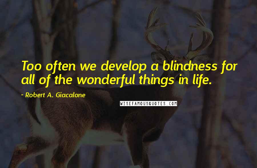 Robert A. Giacalone Quotes: Too often we develop a blindness for all of the wonderful things in life.