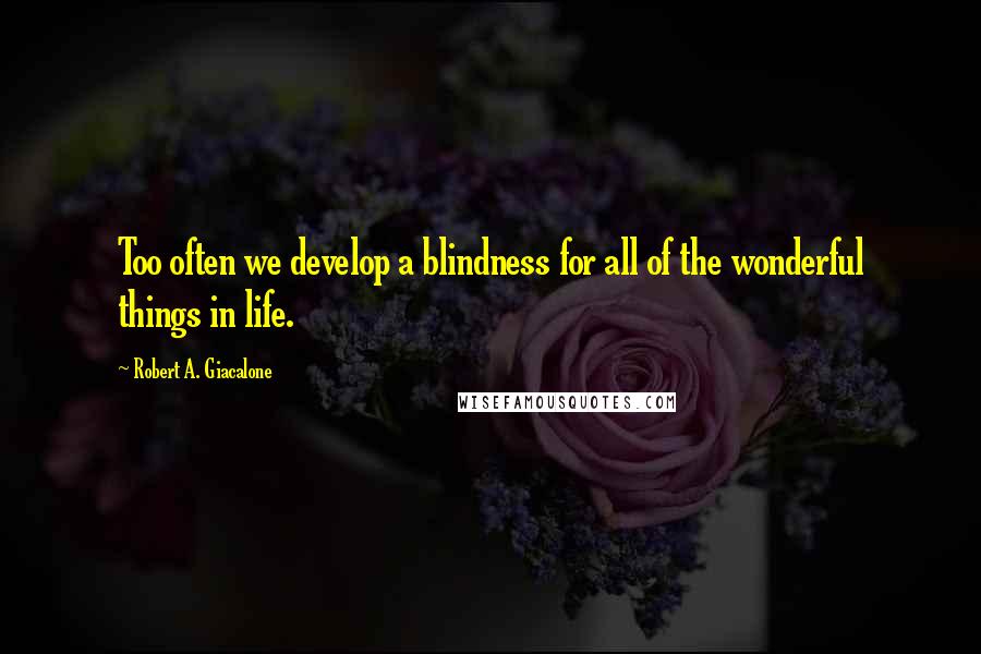 Robert A. Giacalone Quotes: Too often we develop a blindness for all of the wonderful things in life.