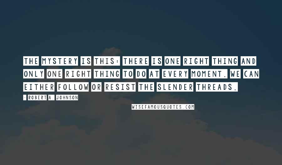 Robert A. Johnson Quotes: The mystery is this: there is one right thing and only one right thing to do at every moment. We can either follow or resist the slender threads.