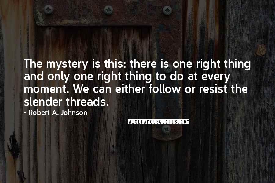 Robert A. Johnson Quotes: The mystery is this: there is one right thing and only one right thing to do at every moment. We can either follow or resist the slender threads.