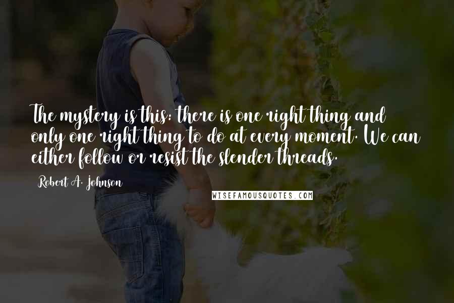 Robert A. Johnson Quotes: The mystery is this: there is one right thing and only one right thing to do at every moment. We can either follow or resist the slender threads.