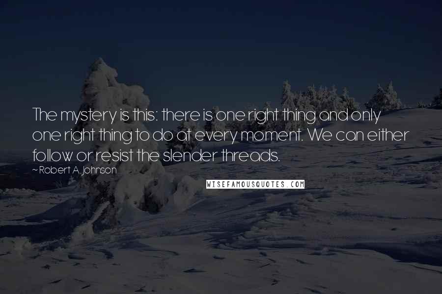 Robert A. Johnson Quotes: The mystery is this: there is one right thing and only one right thing to do at every moment. We can either follow or resist the slender threads.