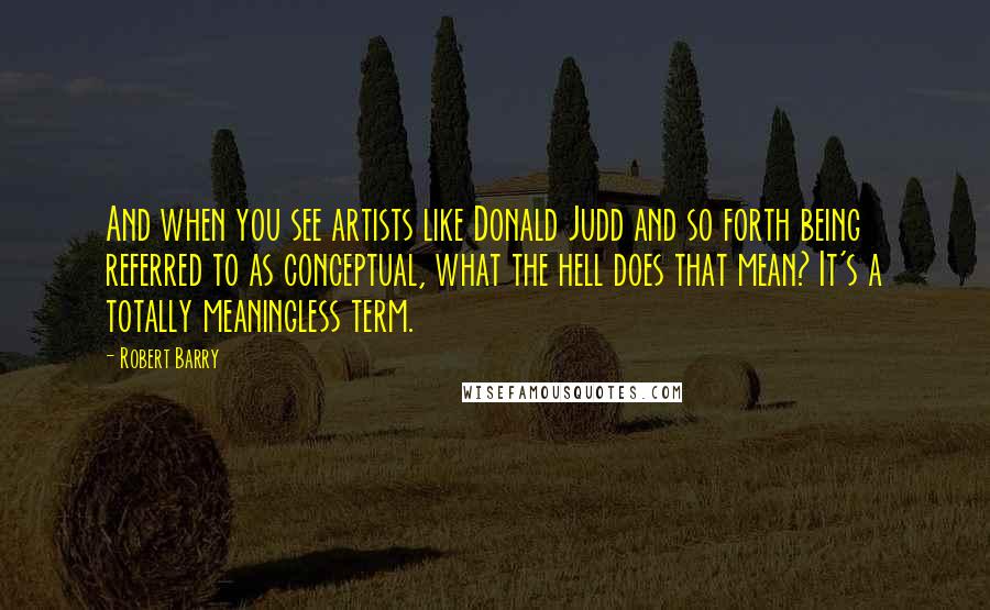 Robert Barry Quotes: And when you see artists like Donald Judd and so forth being referred to as conceptual, what the hell does that mean? It's a totally meaningless term.