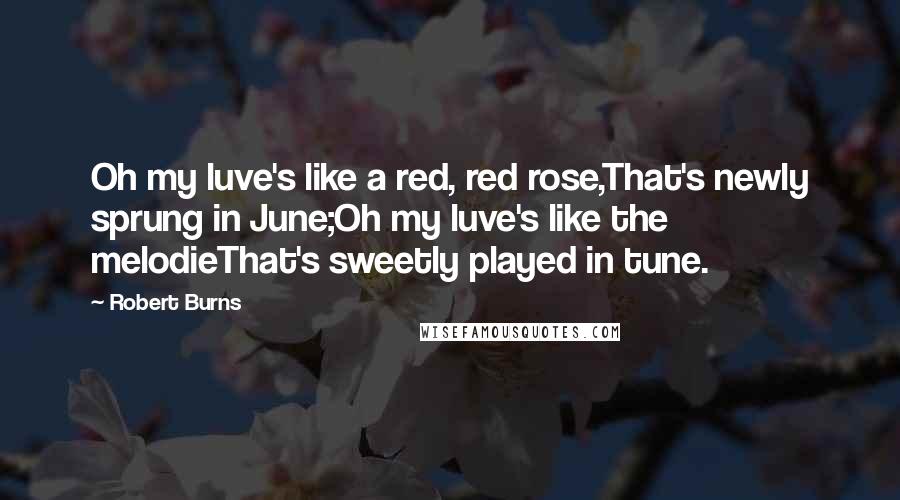Robert Burns Quotes: Oh my luve's like a red, red rose,That's newly sprung in June;Oh my luve's like the melodieThat's sweetly played in tune.