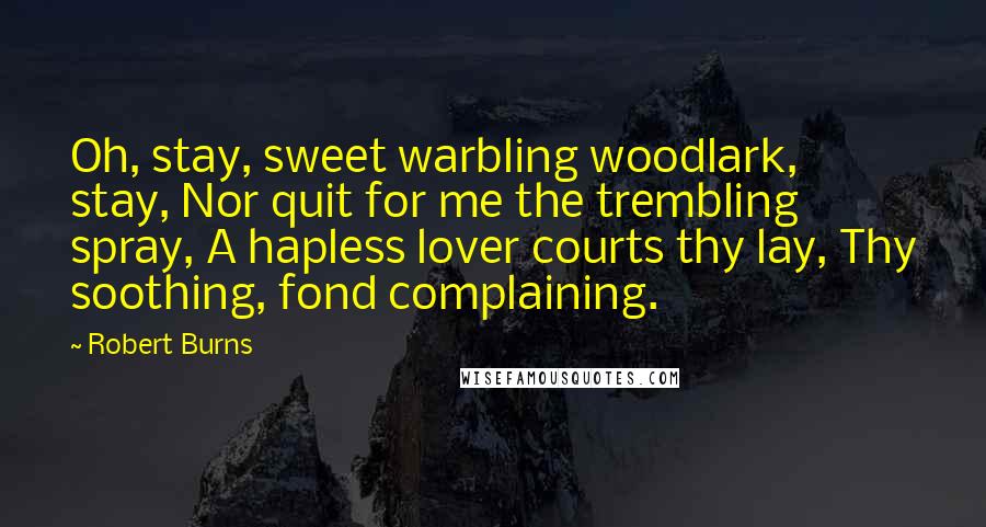 Robert Burns Quotes: Oh, stay, sweet warbling woodlark, stay, Nor quit for me the trembling spray, A hapless lover courts thy lay, Thy soothing, fond complaining.