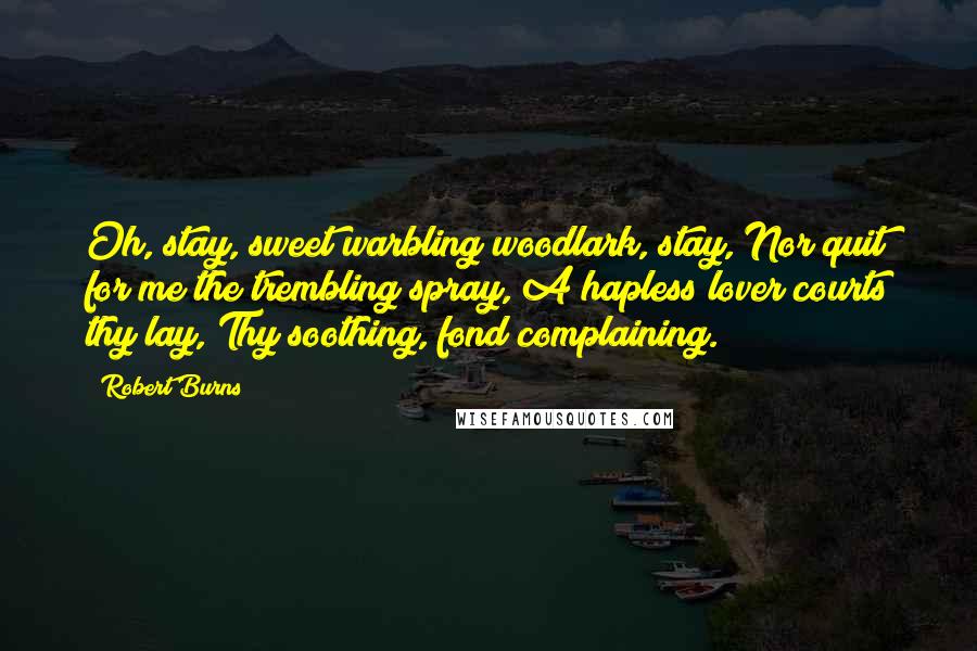 Robert Burns Quotes: Oh, stay, sweet warbling woodlark, stay, Nor quit for me the trembling spray, A hapless lover courts thy lay, Thy soothing, fond complaining.