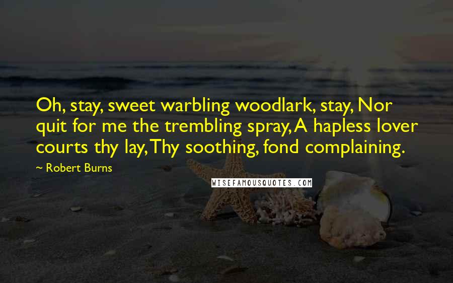 Robert Burns Quotes: Oh, stay, sweet warbling woodlark, stay, Nor quit for me the trembling spray, A hapless lover courts thy lay, Thy soothing, fond complaining.