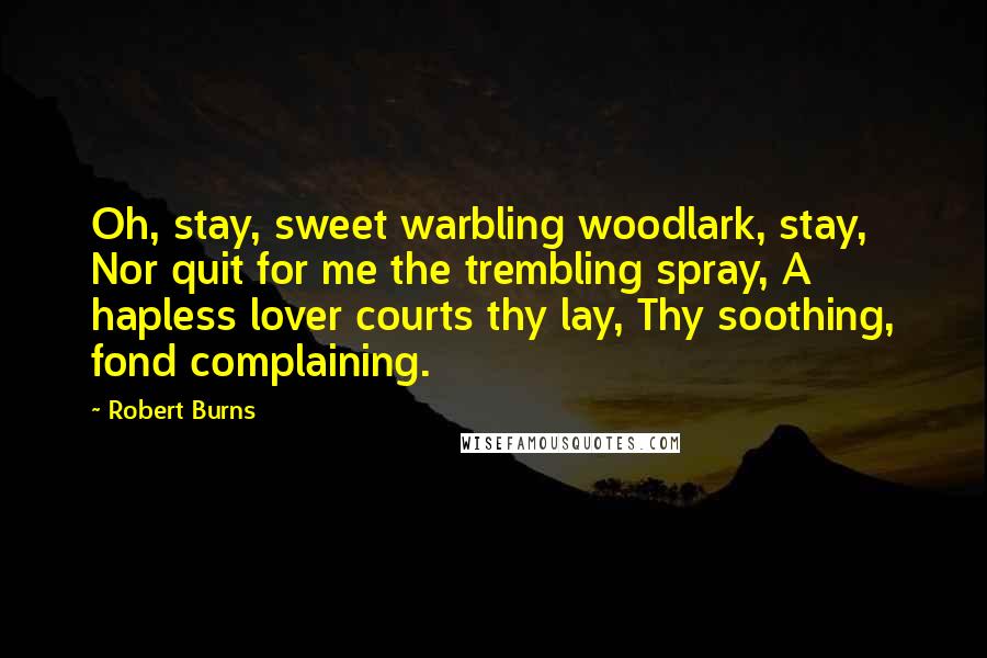 Robert Burns Quotes: Oh, stay, sweet warbling woodlark, stay, Nor quit for me the trembling spray, A hapless lover courts thy lay, Thy soothing, fond complaining.