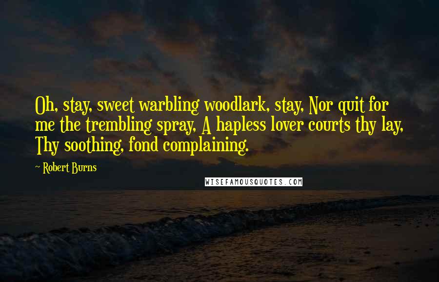Robert Burns Quotes: Oh, stay, sweet warbling woodlark, stay, Nor quit for me the trembling spray, A hapless lover courts thy lay, Thy soothing, fond complaining.