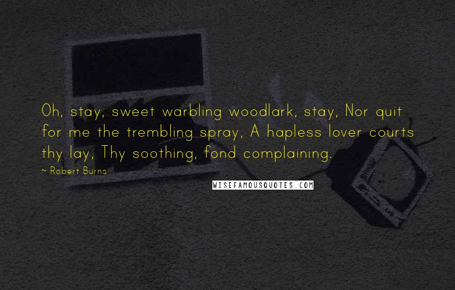 Robert Burns Quotes: Oh, stay, sweet warbling woodlark, stay, Nor quit for me the trembling spray, A hapless lover courts thy lay, Thy soothing, fond complaining.