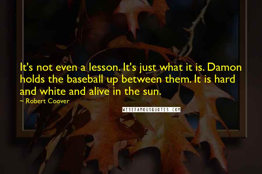 Robert Coover Quotes: It's not even a lesson. It's just what it is. Damon holds the baseball up between them. It is hard and white and alive in the sun.