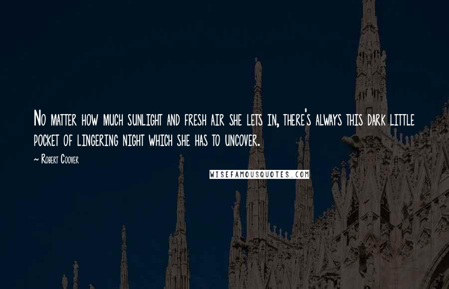 Robert Coover Quotes: No matter how much sunlight and fresh air she lets in, there's always this dark little pocket of lingering night which she has to uncover.