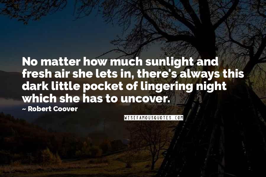 Robert Coover Quotes: No matter how much sunlight and fresh air she lets in, there's always this dark little pocket of lingering night which she has to uncover.