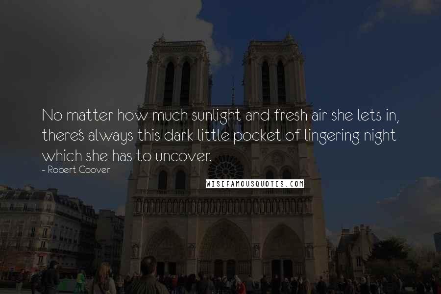 Robert Coover Quotes: No matter how much sunlight and fresh air she lets in, there's always this dark little pocket of lingering night which she has to uncover.