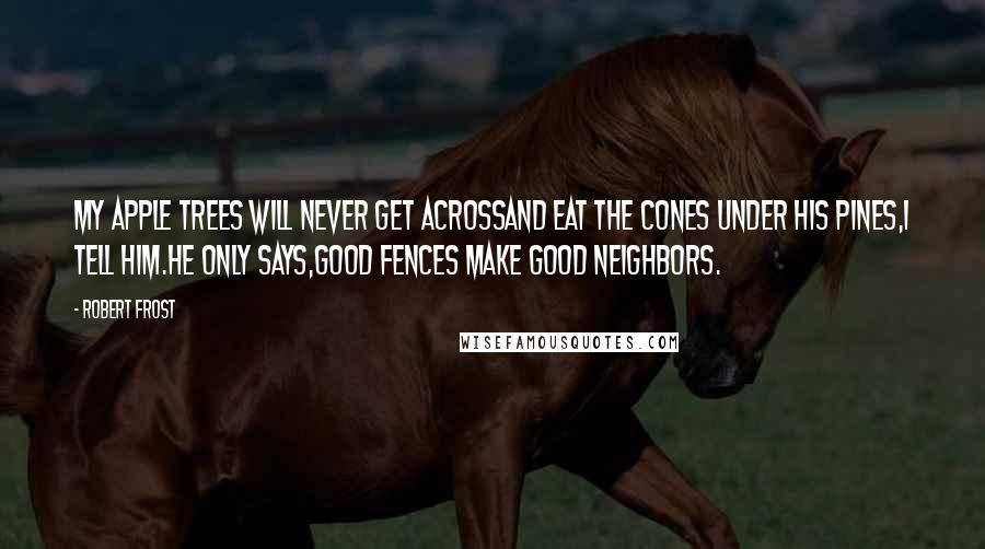 Robert Frost Quotes: My apple trees will never get acrossand eat the cones under his pines,I tell him.He only says,Good fences make good neighbors.