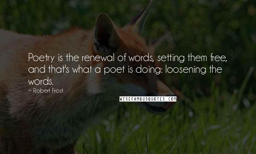 Robert Frost Quotes: Poetry is the renewal of words, setting them free, and that's what a poet is doing: loosening the words.