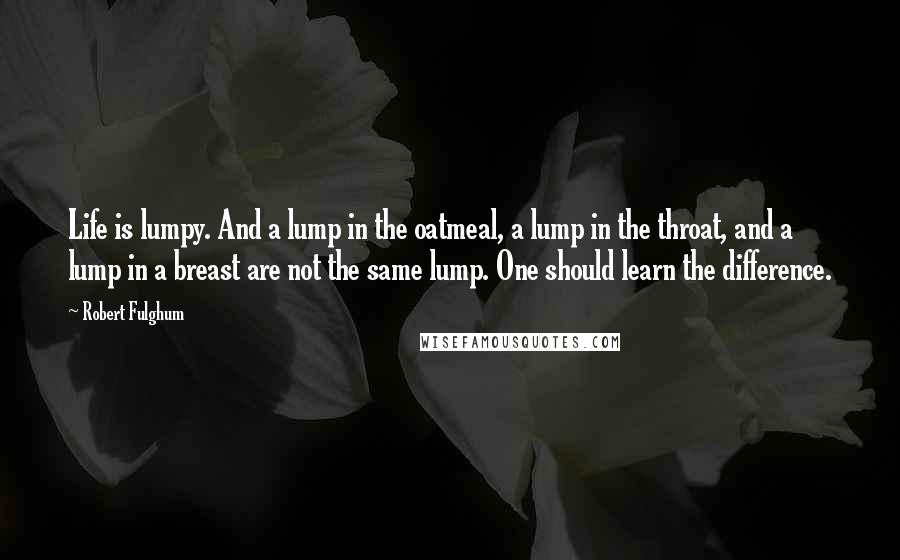 Robert Fulghum Quotes: Life is lumpy. And a lump in the oatmeal, a lump in the throat, and a lump in a breast are not the same lump. One should learn the difference.