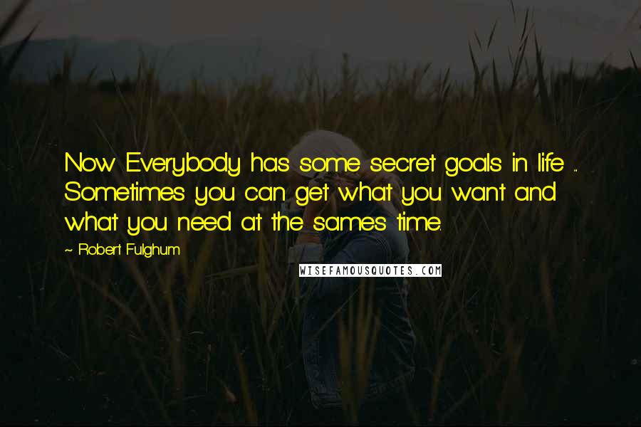 Robert Fulghum Quotes: Now Everybody has some secret goals in life ... Sometimes you can get what you want and what you need at the sames time.