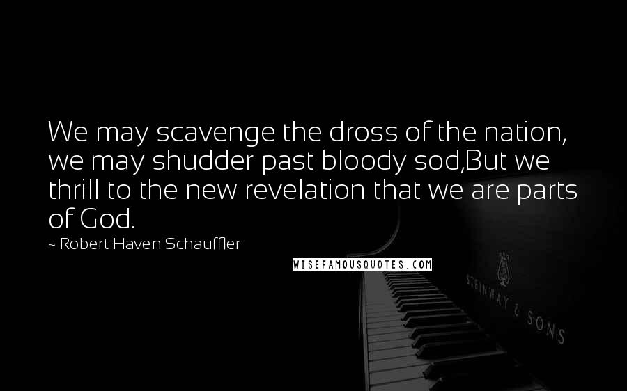 Robert Haven Schauffler Quotes: We may scavenge the dross of the nation, we may shudder past bloody sod,But we thrill to the new revelation that we are parts of God.