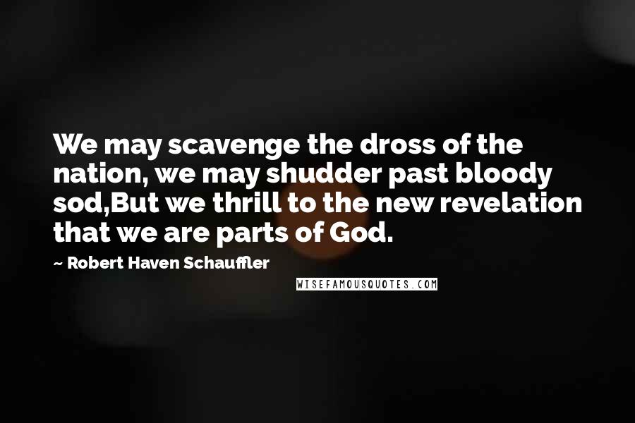 Robert Haven Schauffler Quotes: We may scavenge the dross of the nation, we may shudder past bloody sod,But we thrill to the new revelation that we are parts of God.