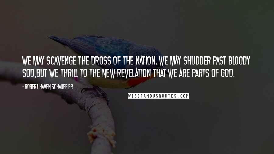 Robert Haven Schauffler Quotes: We may scavenge the dross of the nation, we may shudder past bloody sod,But we thrill to the new revelation that we are parts of God.