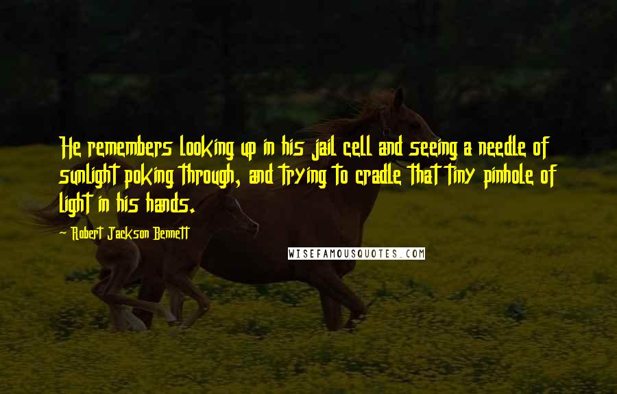 Robert Jackson Bennett Quotes: He remembers looking up in his jail cell and seeing a needle of sunlight poking through, and trying to cradle that tiny pinhole of light in his hands.