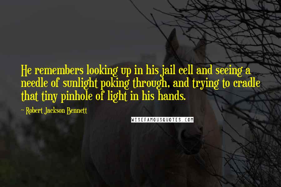 Robert Jackson Bennett Quotes: He remembers looking up in his jail cell and seeing a needle of sunlight poking through, and trying to cradle that tiny pinhole of light in his hands.