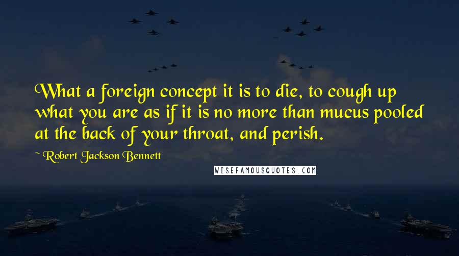 Robert Jackson Bennett Quotes: What a foreign concept it is to die, to cough up what you are as if it is no more than mucus pooled at the back of your throat, and perish.