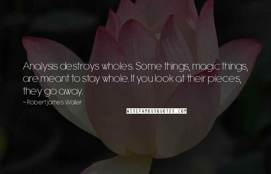 Robert James Waller Quotes: Analysis destroys wholes. Some things, magic things, are meant to stay whole. If you look at their pieces, they go away.