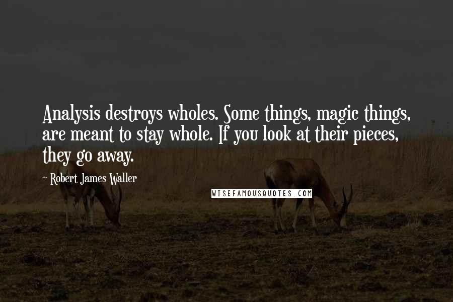 Robert James Waller Quotes: Analysis destroys wholes. Some things, magic things, are meant to stay whole. If you look at their pieces, they go away.