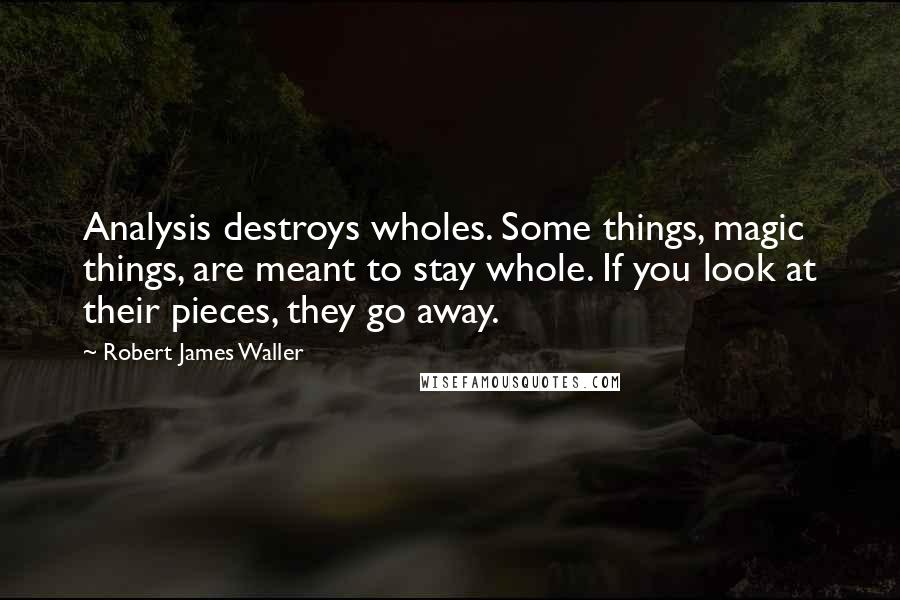 Robert James Waller Quotes: Analysis destroys wholes. Some things, magic things, are meant to stay whole. If you look at their pieces, they go away.