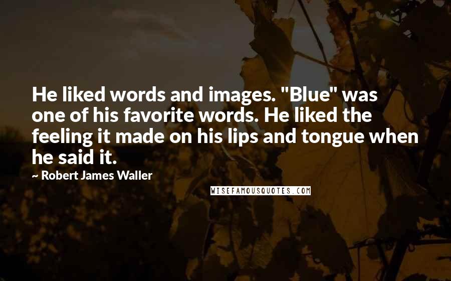 Robert James Waller Quotes: He liked words and images. "Blue" was one of his favorite words. He liked the feeling it made on his lips and tongue when he said it.