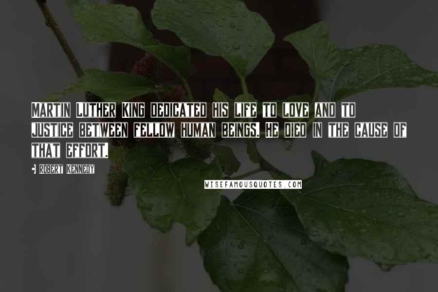 Robert Kennedy Quotes: Martin Luther King dedicated his life to love and to justice between fellow human beings. He died in the cause of that effort.