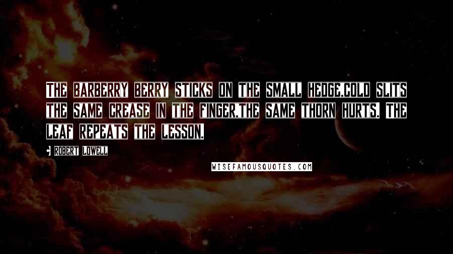 Robert Lowell Quotes: The barberry berry sticks on the small hedge,cold slits the same crease in the finger,the same thorn hurts. The leaf repeats the lesson.