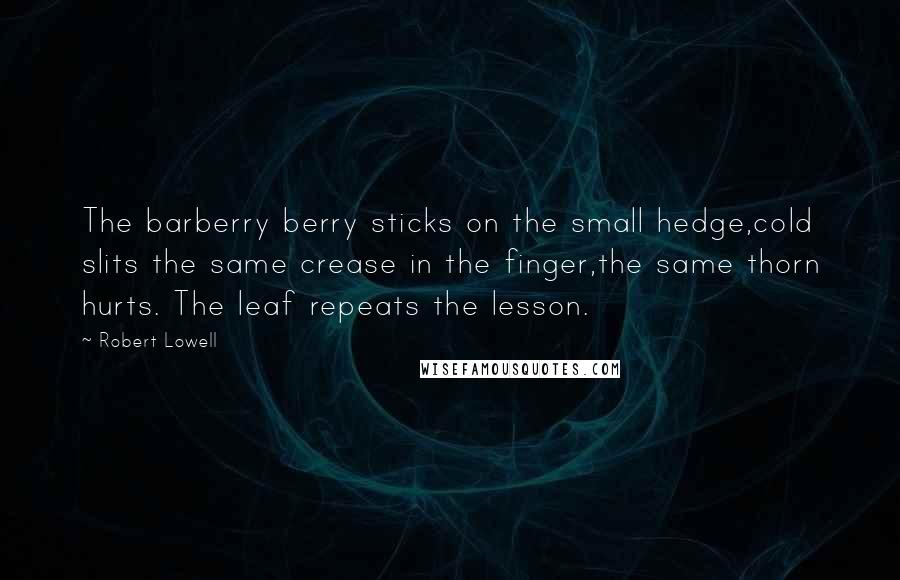 Robert Lowell Quotes: The barberry berry sticks on the small hedge,cold slits the same crease in the finger,the same thorn hurts. The leaf repeats the lesson.