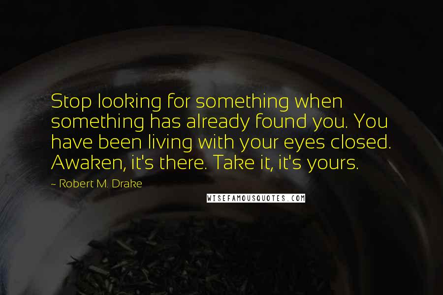 Robert M. Drake Quotes: Stop looking for something when something has already found you. You have been living with your eyes closed. Awaken, it's there. Take it, it's yours.