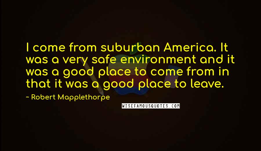 Robert Mapplethorpe Quotes: I come from suburban America. It was a very safe environment and it was a good place to come from in that it was a good place to leave.